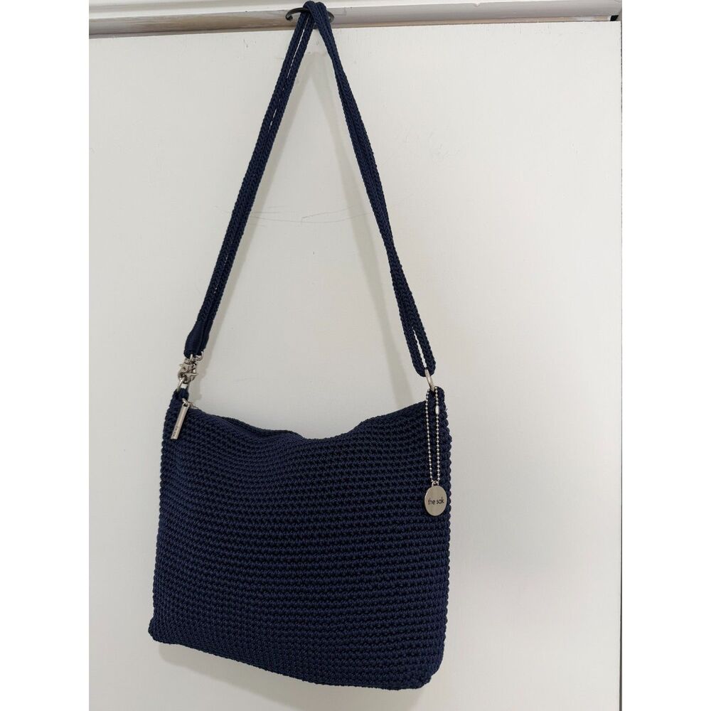 The Sak Navy Blue Hand-Crochet Zip Top Crossbody Purse Bag 11" x 7.25"